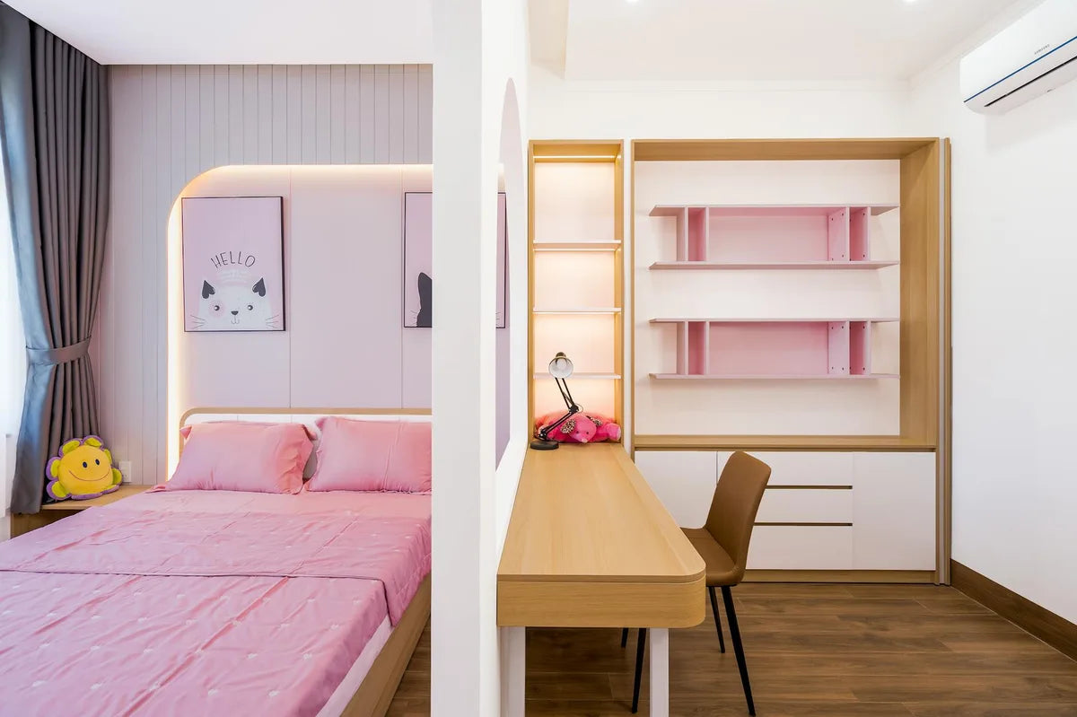 Teenager's bedroom with a graphic poster above the desk