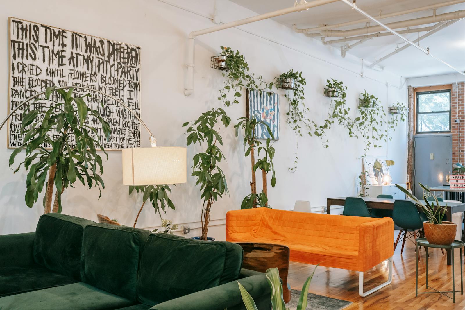 Lyst stue med sofa og mange stueplanter