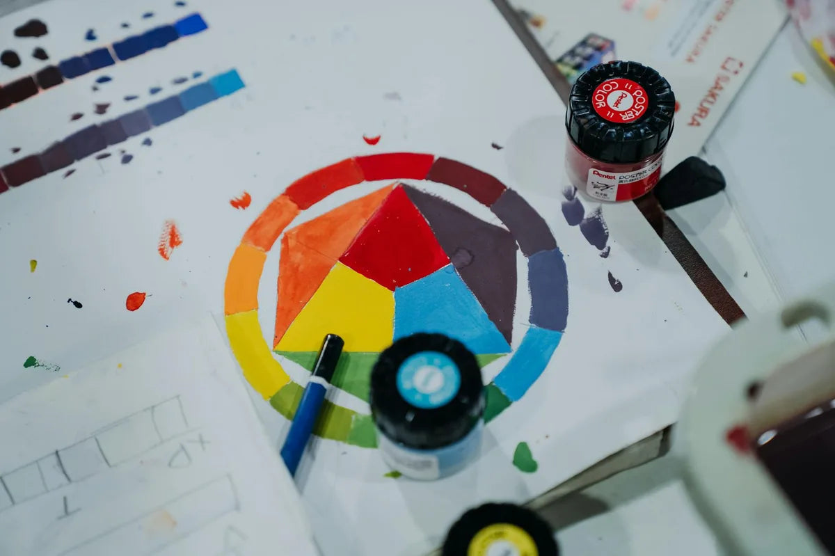 Colour wheel and paint palette, swatch chart