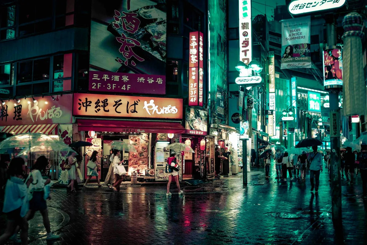 Tokyo neon lights, Shibuya at night atmosphere