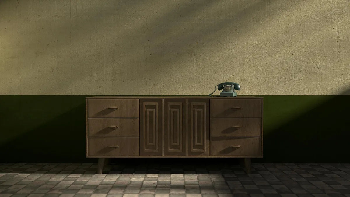 Mid-century bookcase, dark wood, design objects