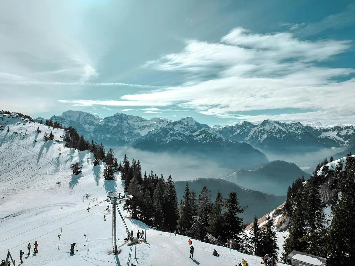 Snowy mountain and lake poster in a bright living room