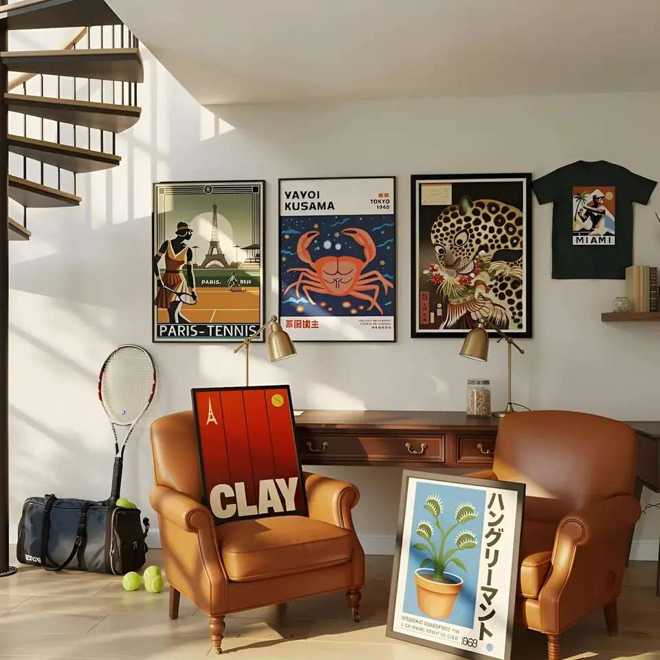 Art gallery wall with framed prints, black-and-white museum atmosphere