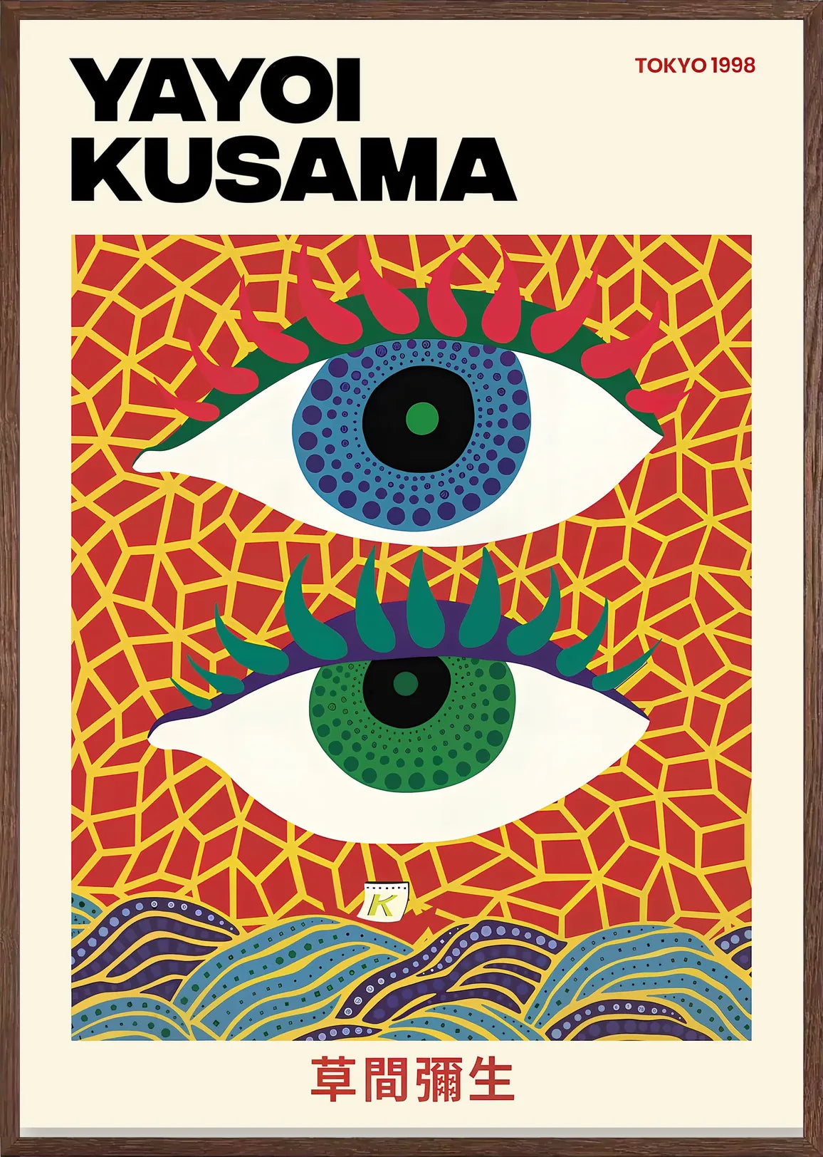 Natural oak frame, 18 mm profile, on Yayoi Kusama print